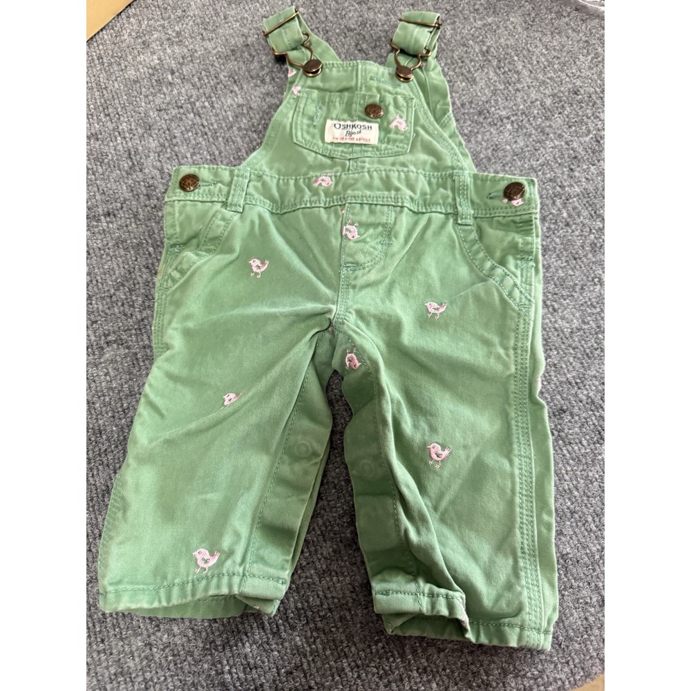 Osh Kosh Infant Girls Green & Pink Bird Print Baby Overalls Pants 3 Months